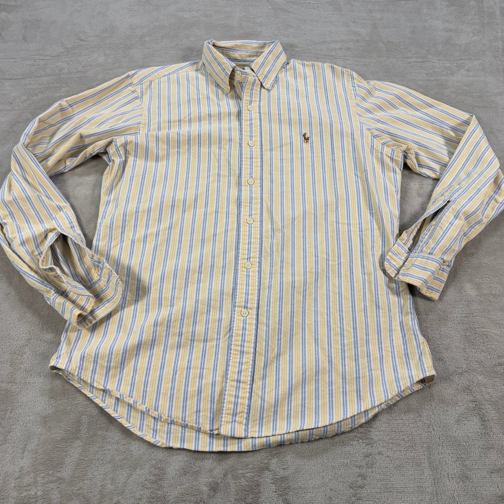 Ralph Lauren Mens Medium Custom Fit Striped Cotton Button Down Shirt Yellow Blue